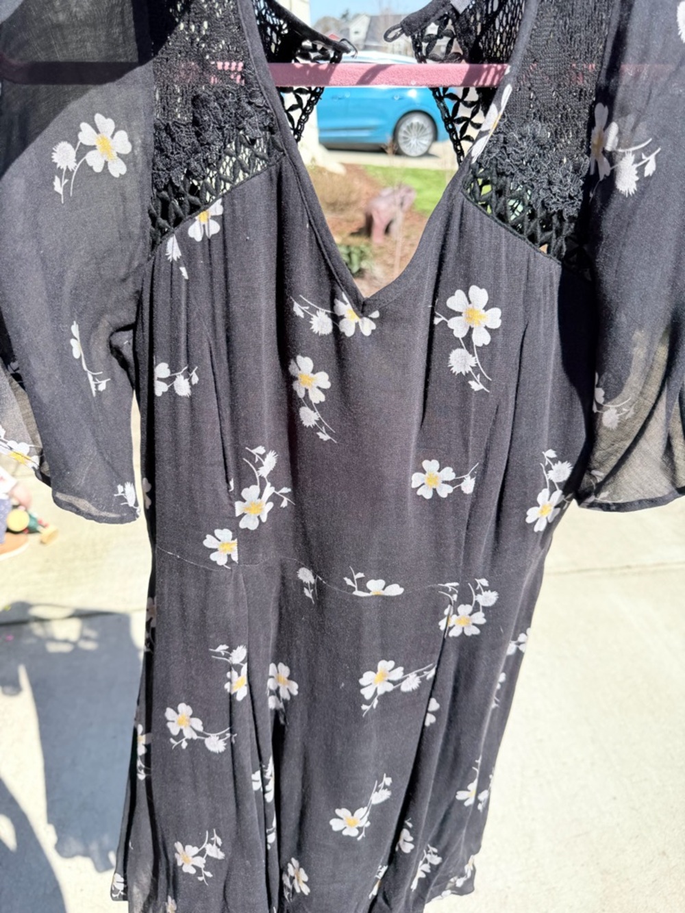 Black Floral V-Neck Dress with Crochet Detail